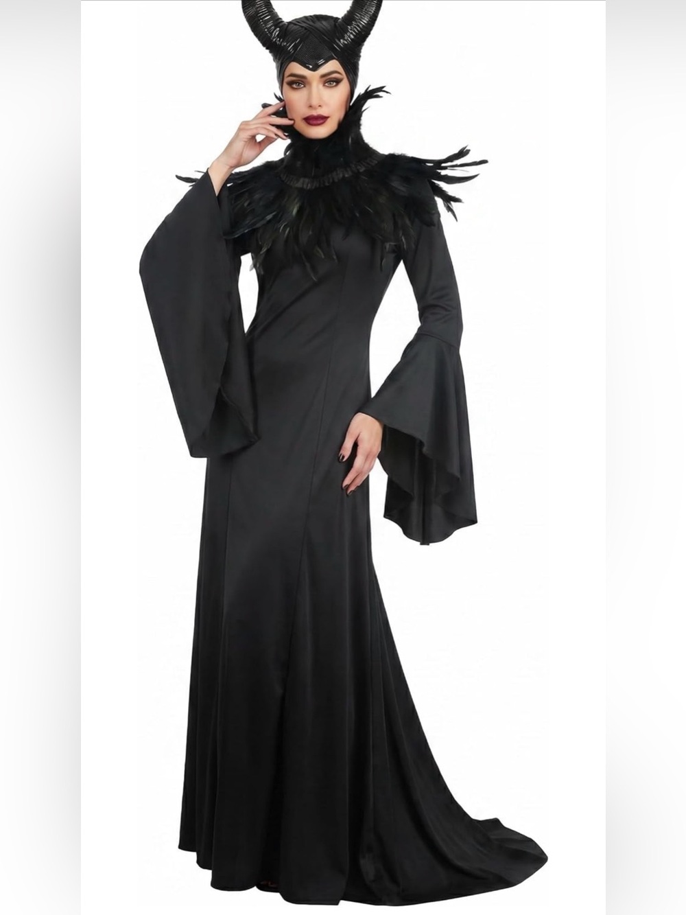 Black Feather Collar Long Gothic Dress - Women